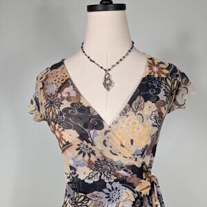 Y2K Mesh Mini Wrap Dress M Yellow Gray Brown Fairy Vintage Dainty Retro Feminine